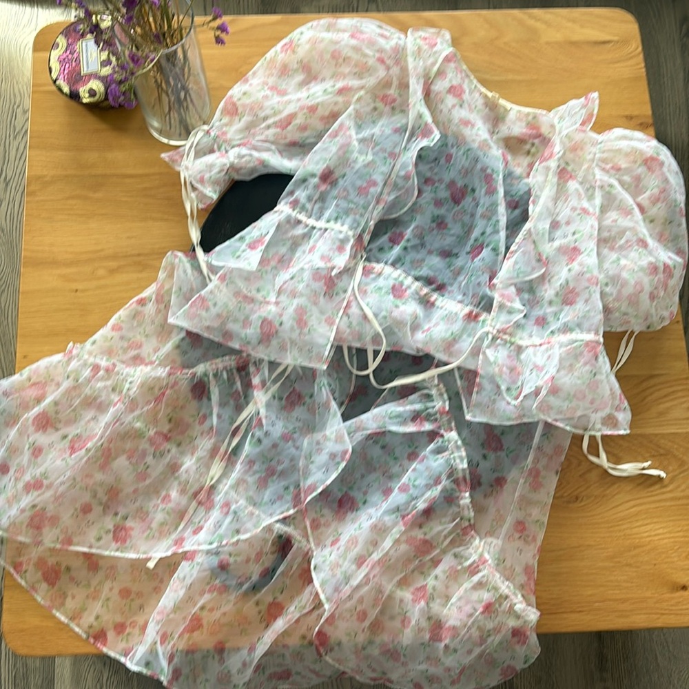 For Love & Lemons Sheer Floral Ruffle Blouse in White and Pink